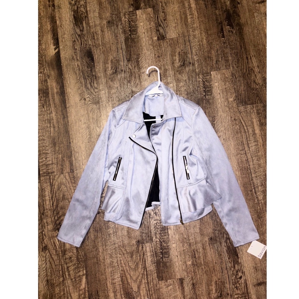 Savion Faux Suede Moto Jacket Lavender Purple Peplum Hem Asymmetrical Zip Biker